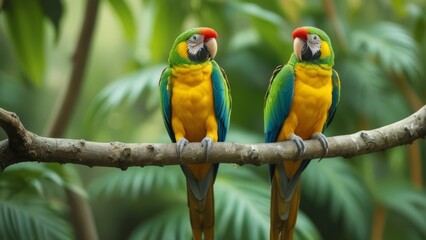 A vibrant image of a pair of brightly colored parrots perched on a tree branch, showcasing their striking plumage.