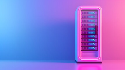 Obraz premium Neon-lit server rack with vibrant pink and blue gradient background, symbolizing modern technology and data storage solutions.
