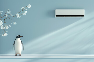 Penguin is standing in a minimal room with an air conditioner, enjoying the fresh and cool air