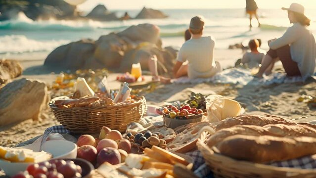 A small family gathers on a rugged beach enjoying a spread of crusty baguettes ripe fruits and creamy boursin cheese as seagulls soar overhead.