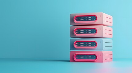Stack of colorful hard drives in blue and pink against a turquoise background. Technology concept with space for text.