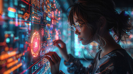 Naklejka premium ): A student investigates scientific ideas on a large, high-definition screen utilizing an AI-driven learning platform