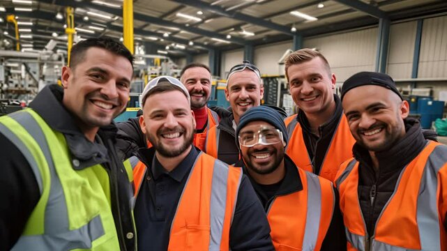 Group of happy workers or engineers looking at camera from factory