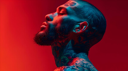 Tattooed Man in Red and Blue Light - Portrait Illustration