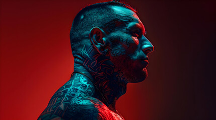 Man with Tattoos in Neon Lights - Portrait Photo