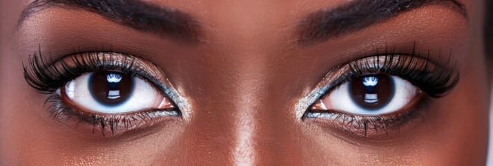 Naklejka premium Female Eyes with Eyelash Extensions Makeup. Cosmetics and Beauty Concept for African American Women