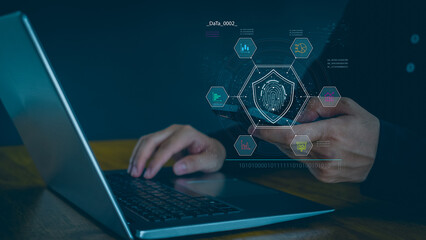 Businessmen Fingerprint scanning and biometric authentication,Internet security and data protection concept.Cyber security network and fingerprint identification to access data.
