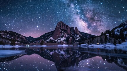 Flat Irons at Colorado Mountain Landscape with Milky Way and Starry Sky