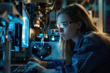 Focused woman engineer programs robotics with a computer in a dark lab environment