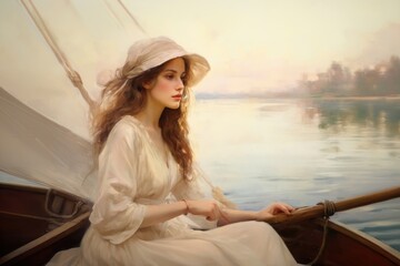 Fototapeta premium Woman sailing boat in lake painting portrait sitting.
