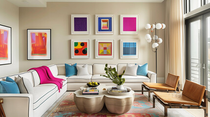 Fototapeta premium Contemporary living room showcasing a gallery wall with vibrant art, neutral-toned furniture, and a chic coffee table.