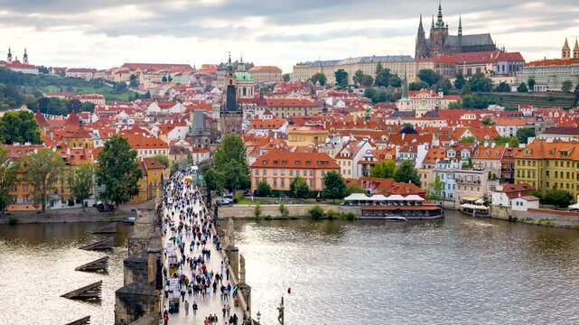 Time lapse view of the Charles Bridge with people going to the old Lesser town and Castle of Prague, Czech Republic