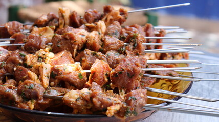 Juicy Marinated Meat Skewers and Grilling on Charcoal BBQ - Perfect Outdoor Cooking
