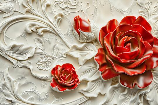 3D relief red rose wallpaper with intricate details and elegant design in off white color and Mural wallpaper.