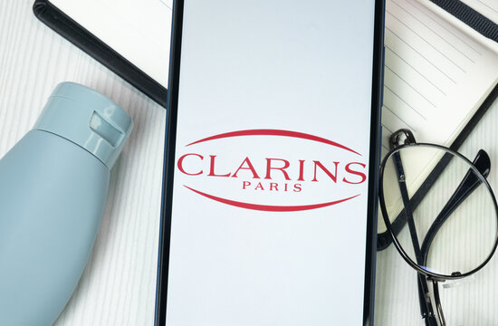 New York, USA - 30 June 2024: Clarins Logo on Phone Screen, Company Icon