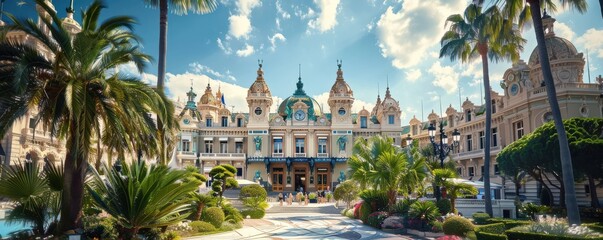 Stunning view of Monaco coastline with luxurious architecture and vibrant blue sea. Free copy space for text.