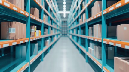Empty aisle in a large warehouse with shelves filled with cardboard boxes.