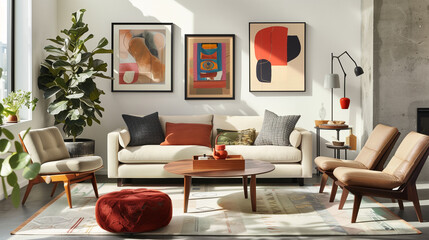 Contemporary living room showcasing a gallery wall with vibrant art, neutral-toned furniture, and a chic coffee table.