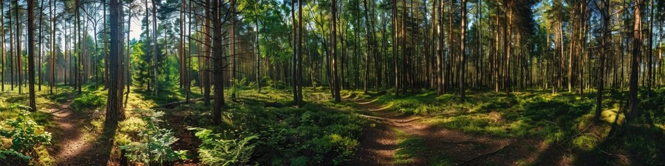 Naklejka premium Forest Panorama: Pine Pathway in Estonian Park, Green Timberland Preserve