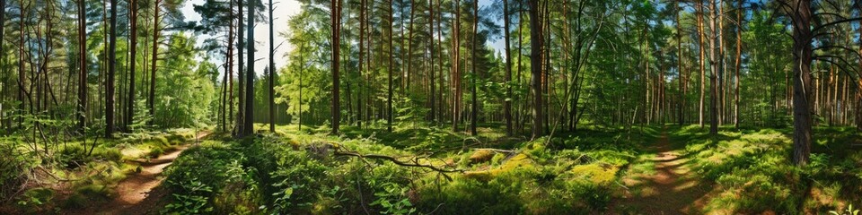 Fototapeta premium Forest Panorama: Pine Park Pathway in Summer. Scenic Hiking Trail in Estonia