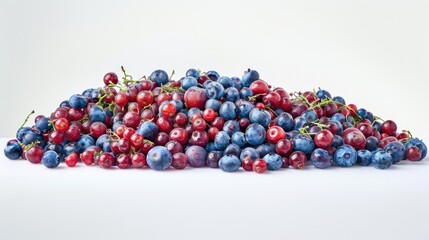 Fresh Berries. Mixed Pile of Red and Blue Fruits on White Background