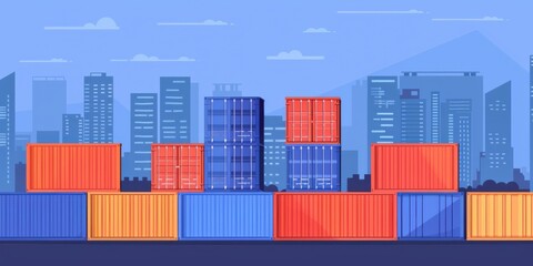 Fototapeta premium Shipping containers lined up against a city skyline.