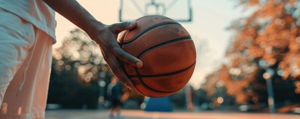 A person is holding a basketball in their hand.