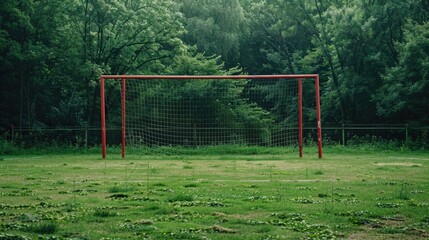 Goalpost Closeup in Empty Field with Grass and Trees in Background