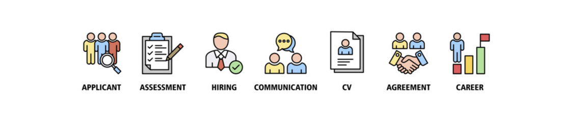 Job interview banner web icon set vector illustration symbol concept with icon of applicant, assessment, hiring, communication, cv, agreement and career