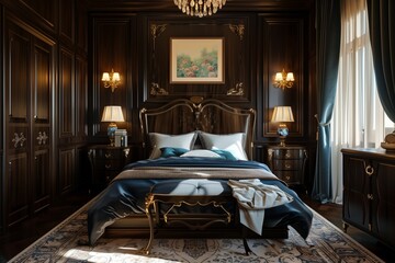 A luxury suite with dark wood paneling, elegant nightstands, and a custom-designed bed.