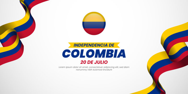 20 july Colombia Independence Day greeting card. Waving colombian flags isolated on white background