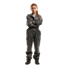 Portrait of a female auto mechanic. Transparent background or PNG file.