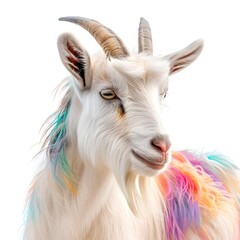 Fototapeta premium Vibrant Goat Portrait with Unique Fur Patterns Isolated on White Background