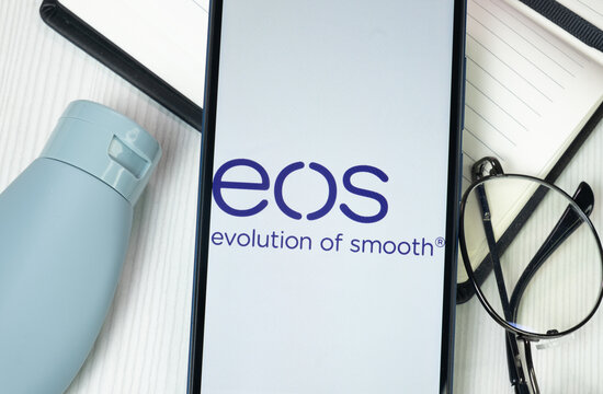 New York, USA - 30 June 2024: eos Logo on Phone Screen, evolution of smooth Company Icon