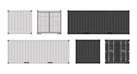 Set of white and black cargo containers. Cargo containers for transportation. Vector illustration in flat style. 