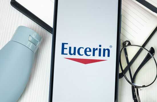New York, USA - 30 June 2024: Eucerin Logo on Phone Screen, Company Icon