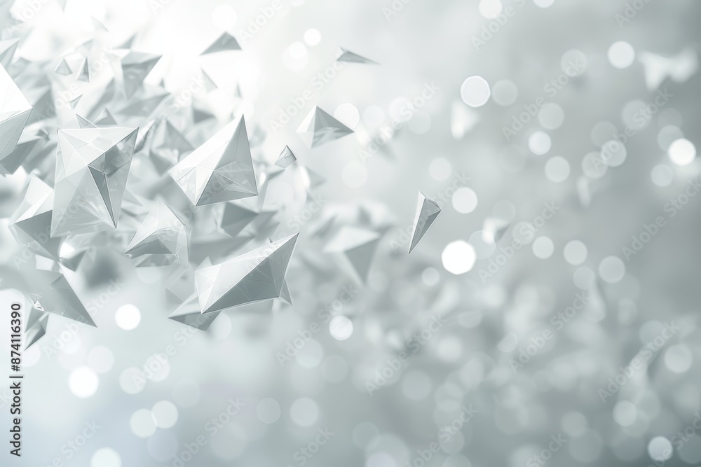 Poster 3d rendering of chaotic low poly shapes. flying polygonal pyramids in empty space. poster design wit