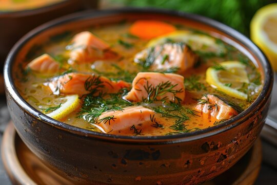A bowl of ukha, Russian fish soup, garnished with fresh dill and lemon slices. 