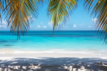 Obraz premium Tropical Beach with Palm Trees and Clear Blue Water Creating a Relaxing and Exotic Scene