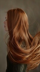 Naklejka premium Captivating Back View of Model with Shiny, Wind-Swept Hair Against a Bright Background