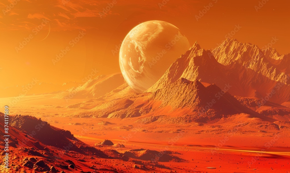 Poster red skies and clouds on an alien planet in 3d.