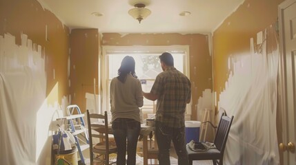A couple stands in their home during a renovation project. They are discussing the work while standing in the dining room.