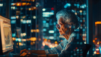 Obraz premium old woman working in front of a monitor with a face full of concentration and the light of the monitor reflected on her face, Ai generated images