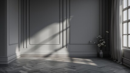 Fototapeta premium Gray Wall in Empty Minimalist Room with Vintage Wood Accents