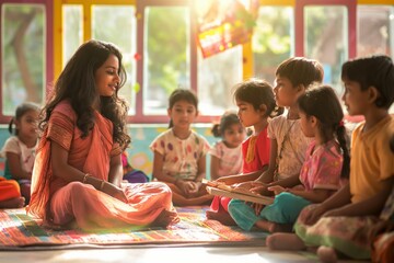 Indian teacher engaging with children in a vibrant, colorful classroom setting, fostering a lively and educational environment, ideal for educational content promoting diversity and cultural enrichmen