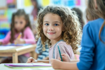 Fototapeta premium Smiling girl joyfully drawing among classmates in a lively classroom setting, fostering creativity and camaraderie, ideal for educational content promoting artistic expression and collaborative learni