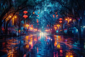 Naklejka premium Vibrant Rainy Night Street with Lanterns