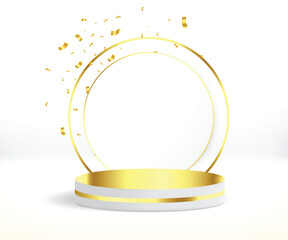White and luxury color products showcase design with a circle shape and podium. Product presentation showcases a golden color, ribbon. Realistic 3d podium design