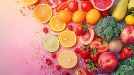 Fresh Vegetables and Fruits on Pastel Gradient Backdrop in