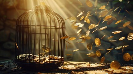 Golden coins escaping from an open birdcage into a clear blue sky, representing wealth and newfound freedom